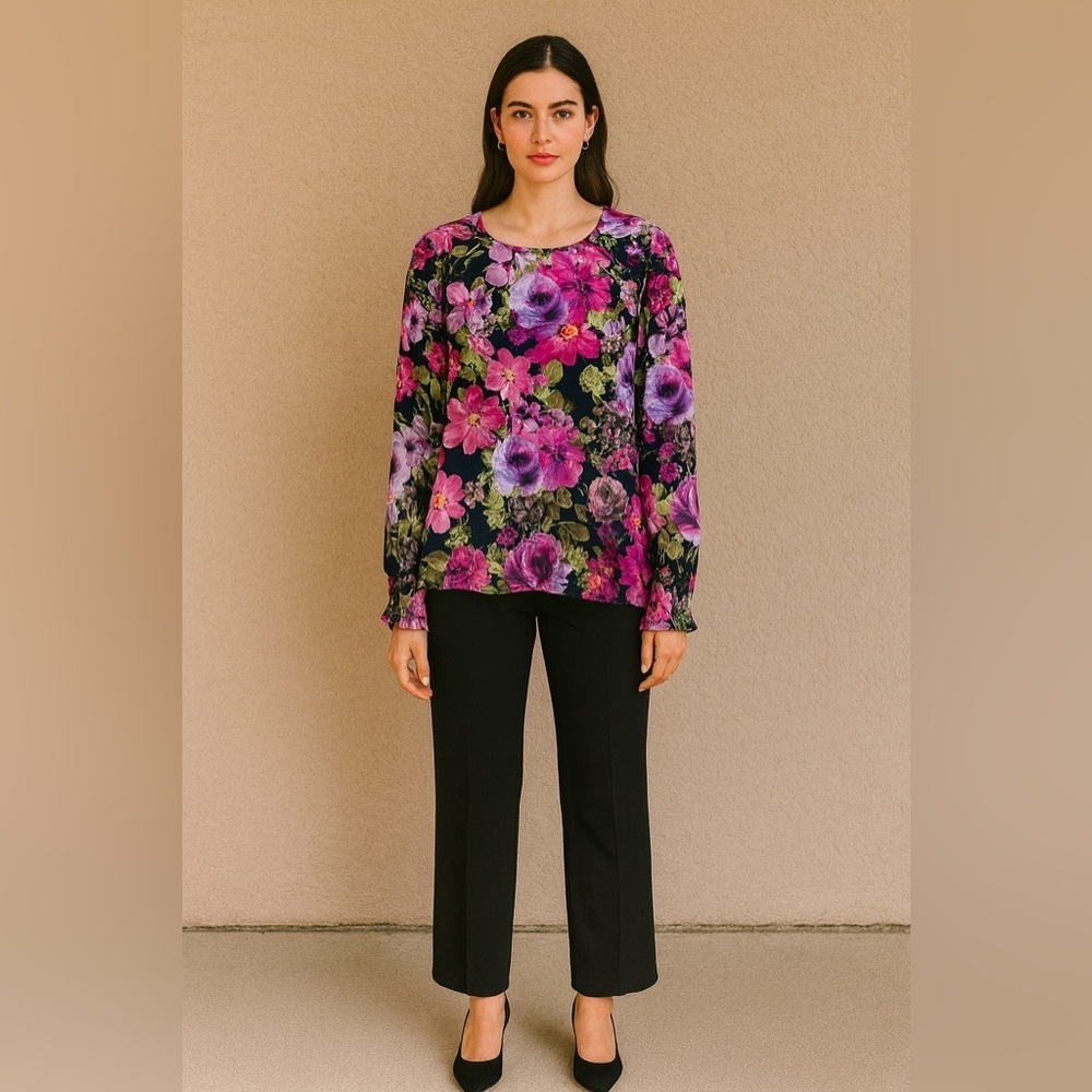 Passport Floral Women's Top - Multicolor Long Sleeve Size Medium